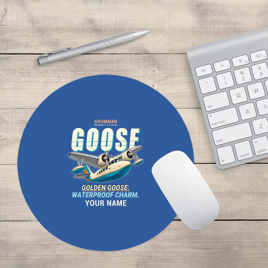 Grumman G-21A Goose - Cartoon + Name - Round Mouse Pad - Blue