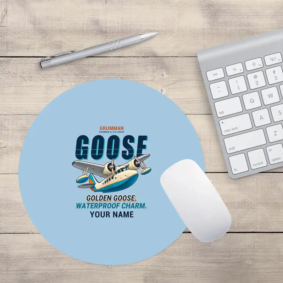 Grumman G-21A Goose - Cartoon + Name - Round Mouse Pad - Light Blue