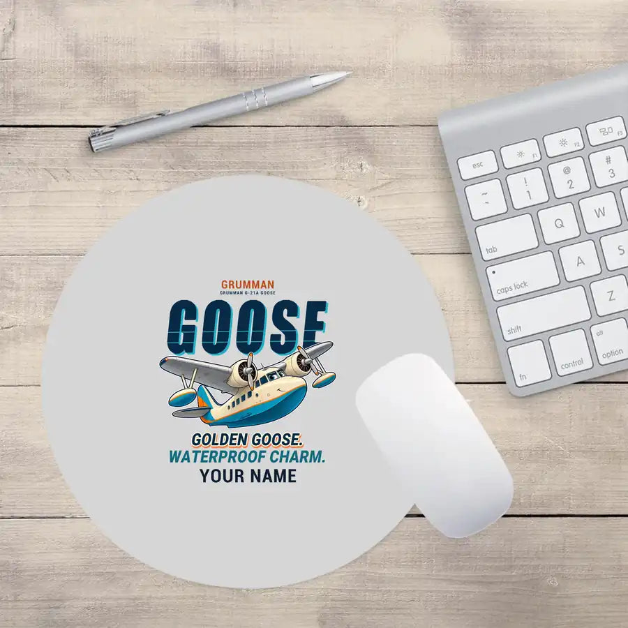 Grumman G-21A Goose - Cartoon + Name - Round Mouse Pad - Light Gray