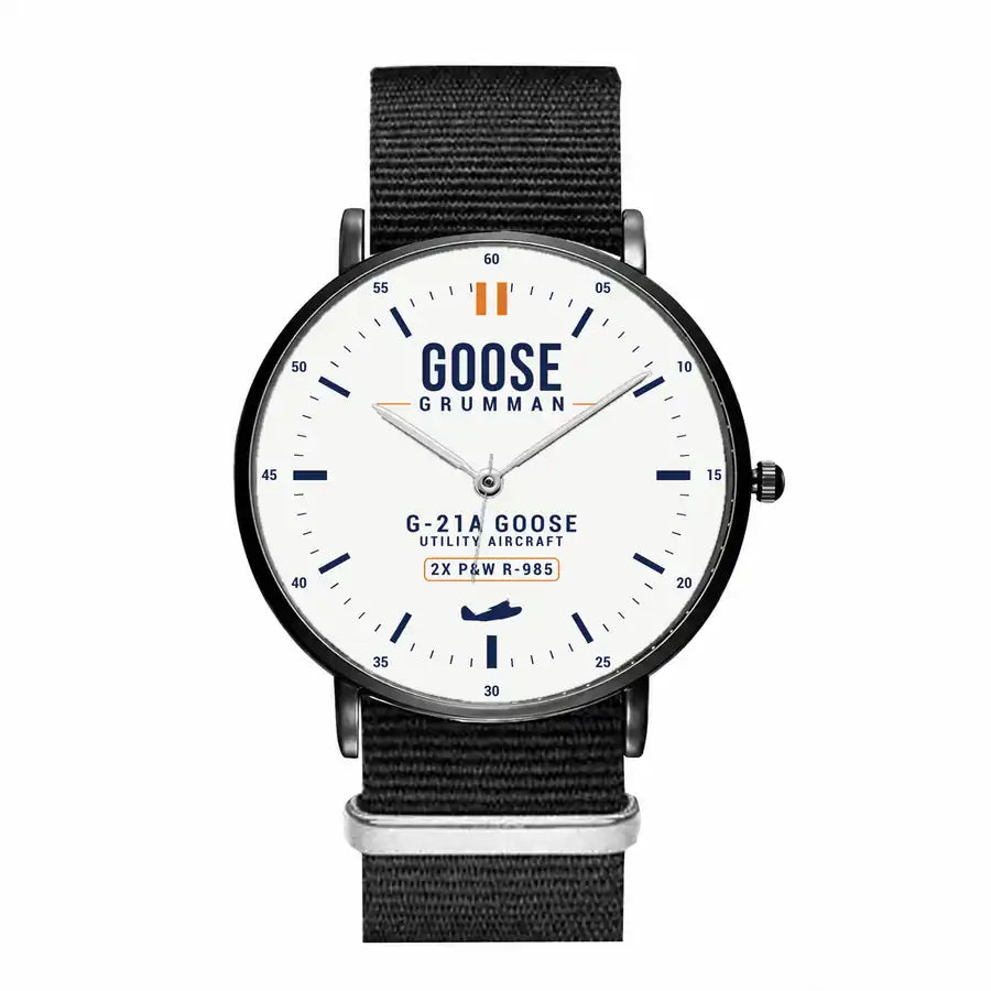 Grumman G-21A Goose - Classic - White - Slim Leather - Black and Black Nylon Strap