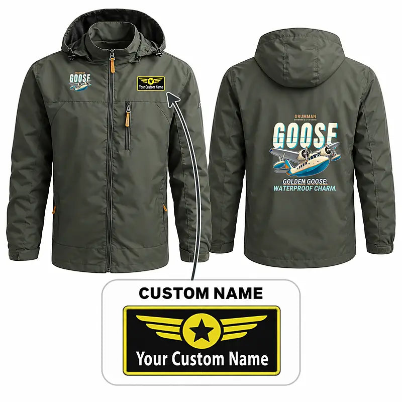 Grumman G-21A Goose Stylish Jackets - Hooded Windbreaker - Cartoon + Name - Olive Green