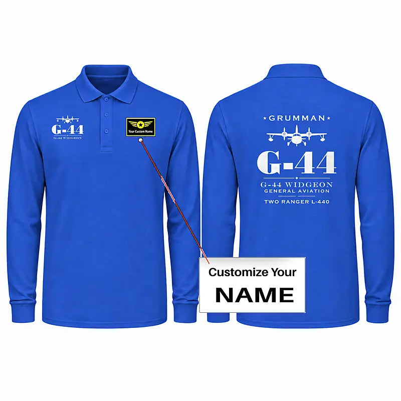 Grumman G-44 Widgeon Premium Polo T-Shirts - Heritage + Name - Long Sleeve - Blue
