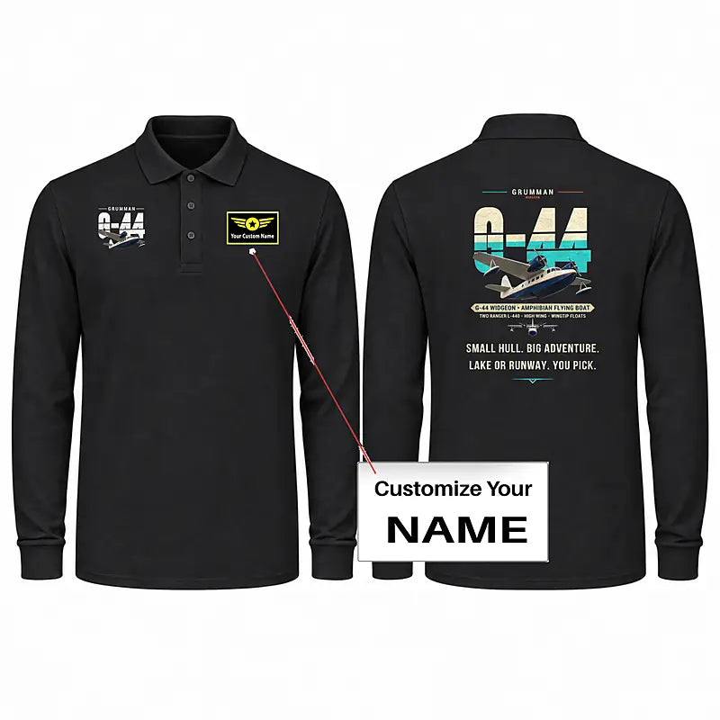 Grumman G-44 Widgeon Premium Polo T-Shirts - Original + Name - Long Sleeve - Black
