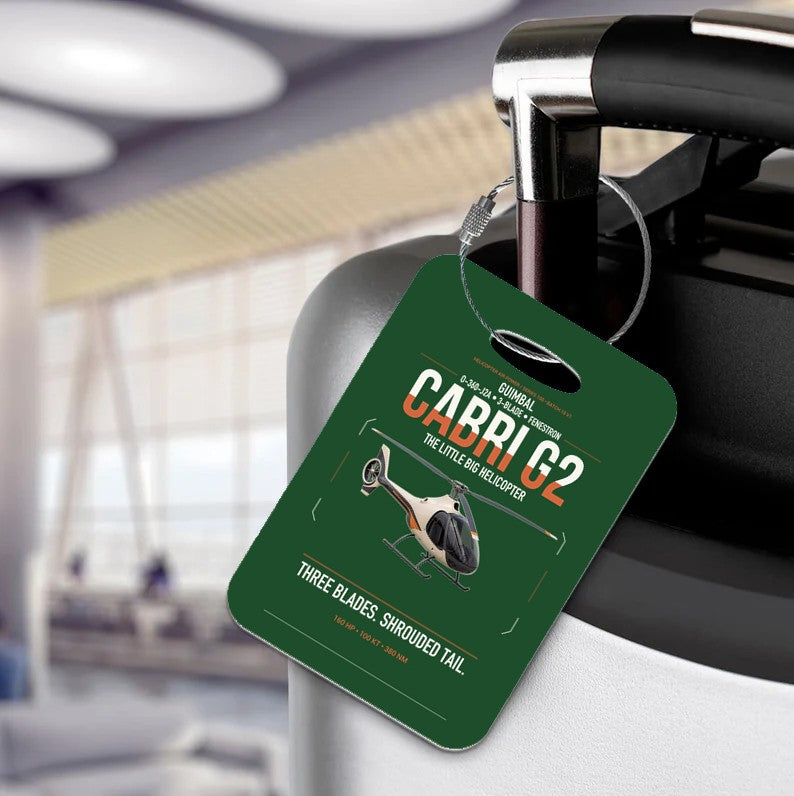 Guimbal Cabri G2 design on dark green acrylic luggage tags, double-side print