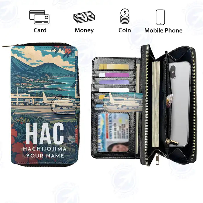 Hachijojima Airport (HAC) Leather Wallets - Zip Long Wallet - Scene + Name