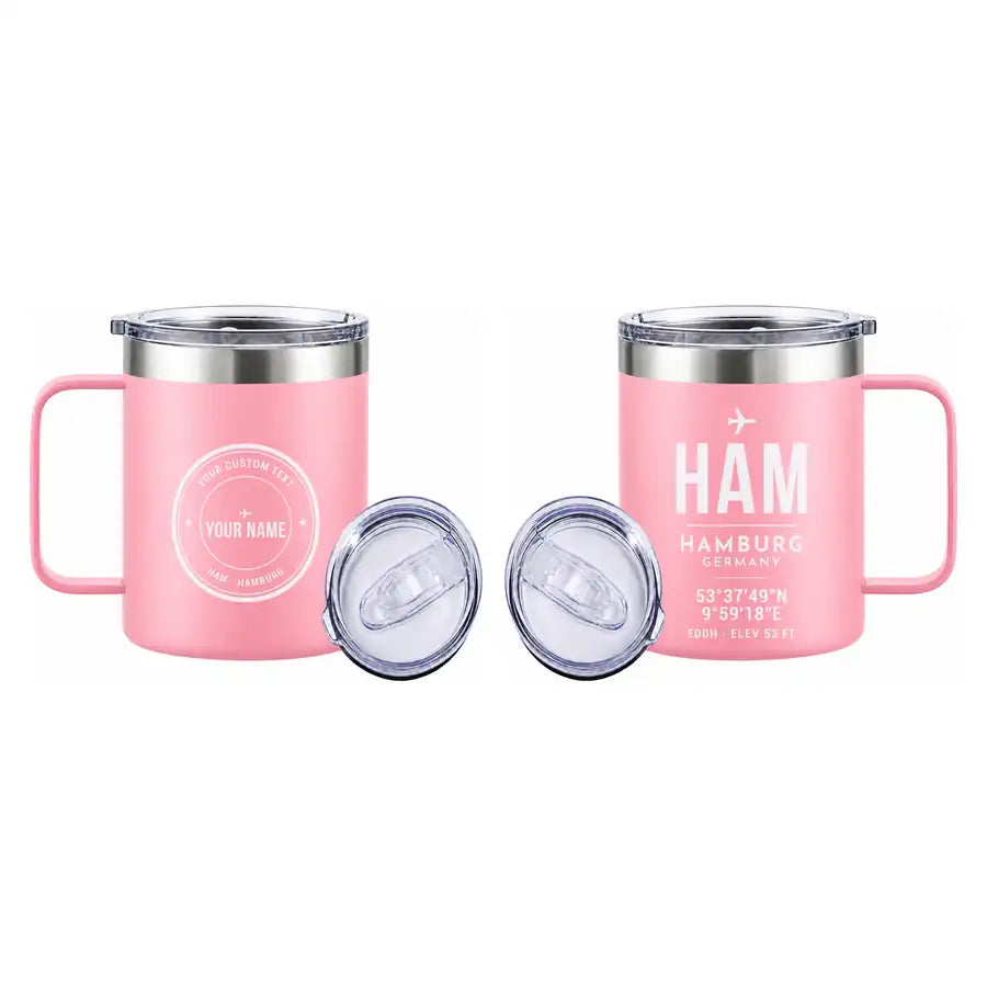 Hamburg Airport Helmut Schmidt (HAM) Stainless Steel Mugs - ID Tag + Custom Back - Stainless Steel Mug - 14 oz / 400ML - Pink