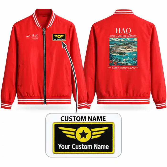 Hanimaadhoo International Airport (HAQ) Stylish Jackets - Baseball Collar - Poster + Name - Red