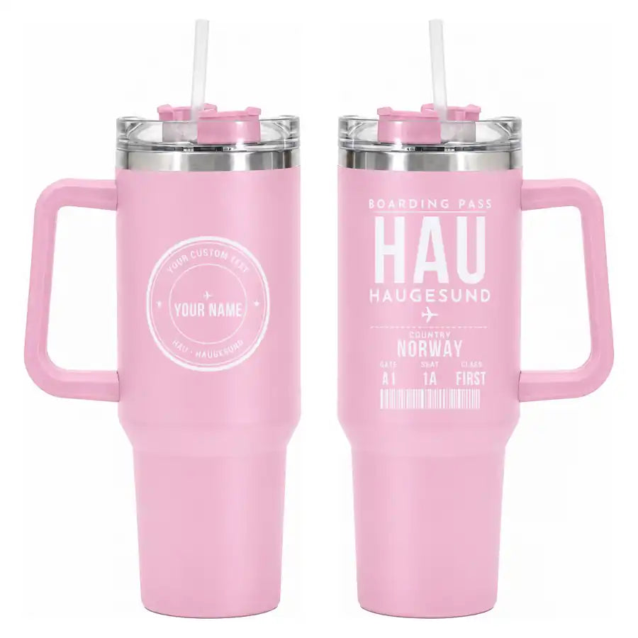 Haugesund Airport, Karmøy (HAU) Stainless Steel Mugs - Boarding Pass + Custom Back - 40oz Car Mug - Pink