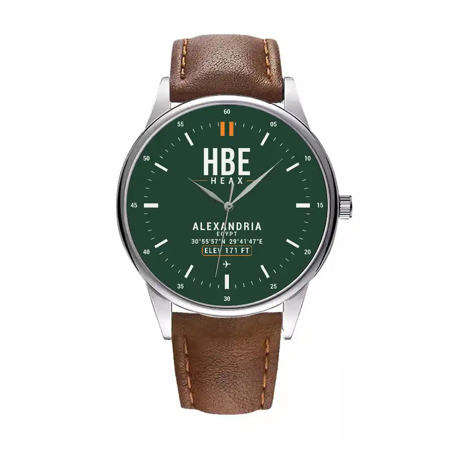 Borg El Arab Airport (HBE) Aviator Watches - Classic - Dark Green - Leather Strap - Brown Leather Strap