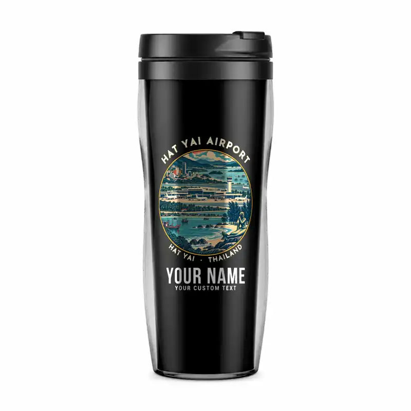 Hat Yai International Airport (HDY) Travel Mugs - Badge + Name - Plastic (No Holder) - Black