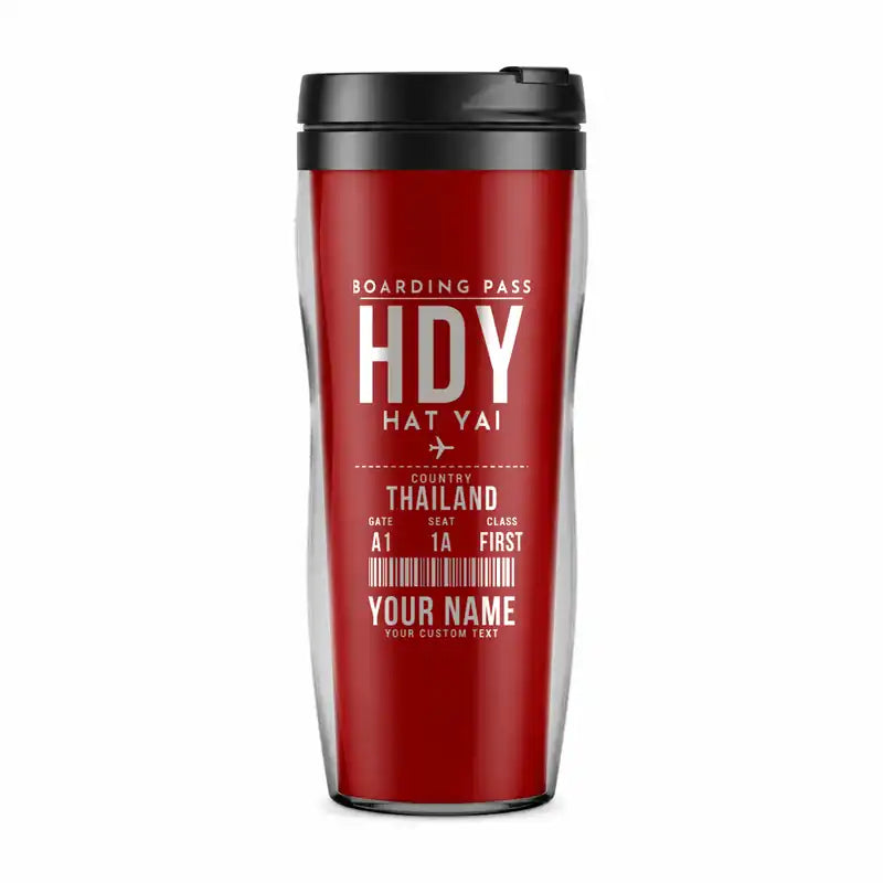 Hat Yai International Airport (HDY) Travel Mugs - Boarding Pass + Name - Plastic (No Holder) - Red