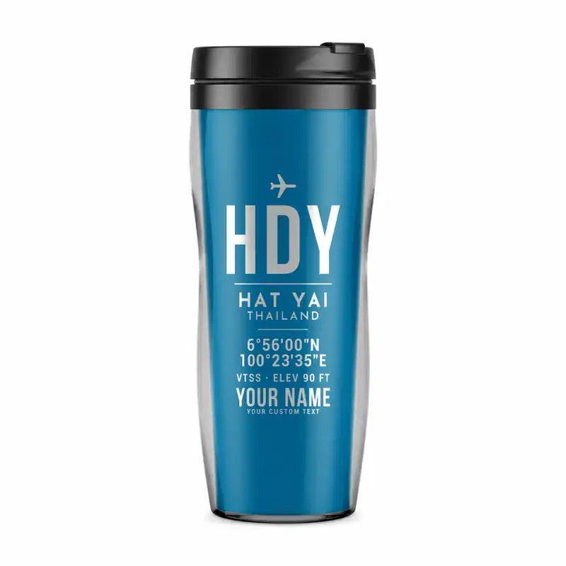 Hat Yai International Airport (HDY) Travel Mugs - ID Tag + Name - Plastic (No Holder) - Light Blue