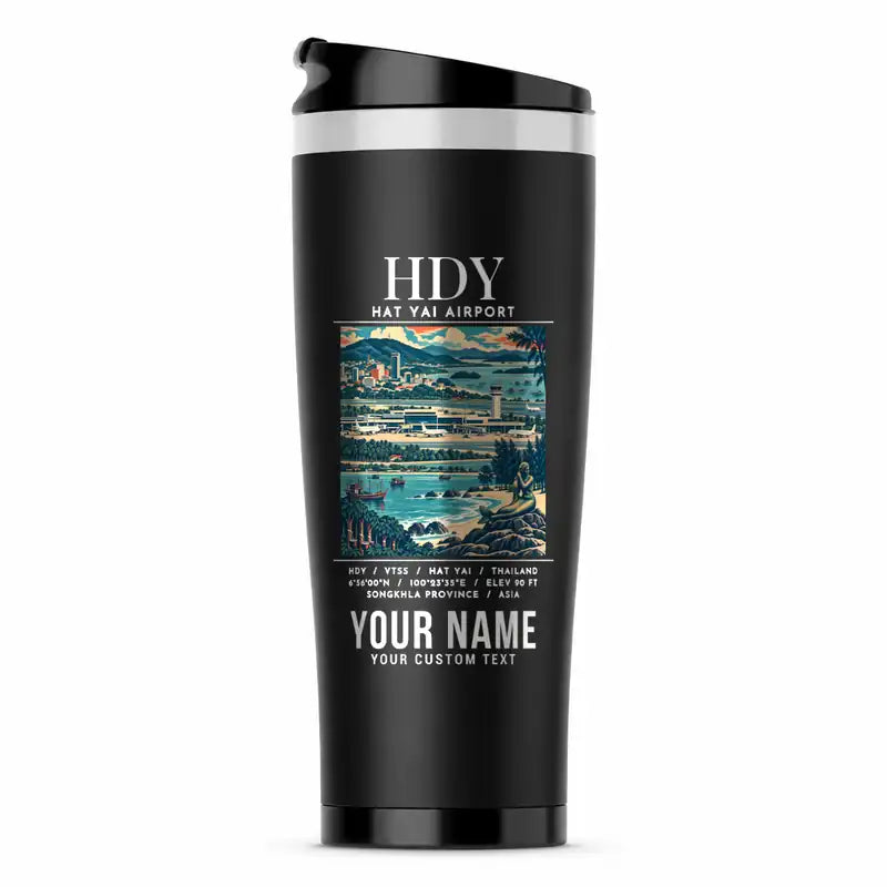 Hat Yai International Airport (HDY) Travel Mugs - Poster + Name - Stainless Steel (No Holder) - Black