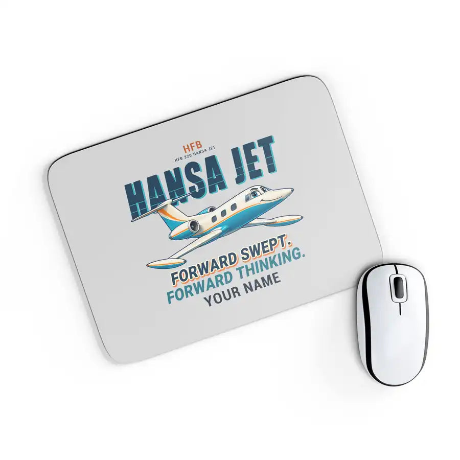 HFB 320 Hansa Jet - Cartoon + Name - Mouse Pad - Light Gray