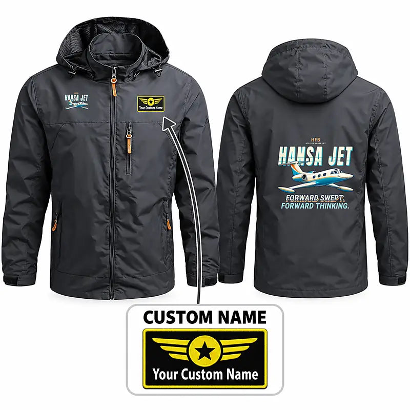 HFB 320 Hansa Jet Stylish Jackets - Hooded Windbreaker - Cartoon + Name - Charcoal