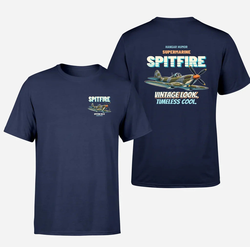 Supermarine Spitfire Mk IX - Vintage look. Timeless cool. - Double-Side T-Shirt design on navyblue double side t shirt