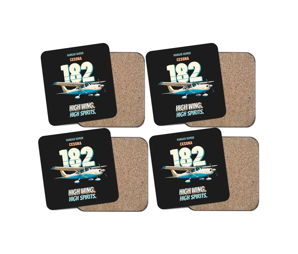 Cessna 182 Skylane - High wing. High spirits. design on black 4 pieces set coaster