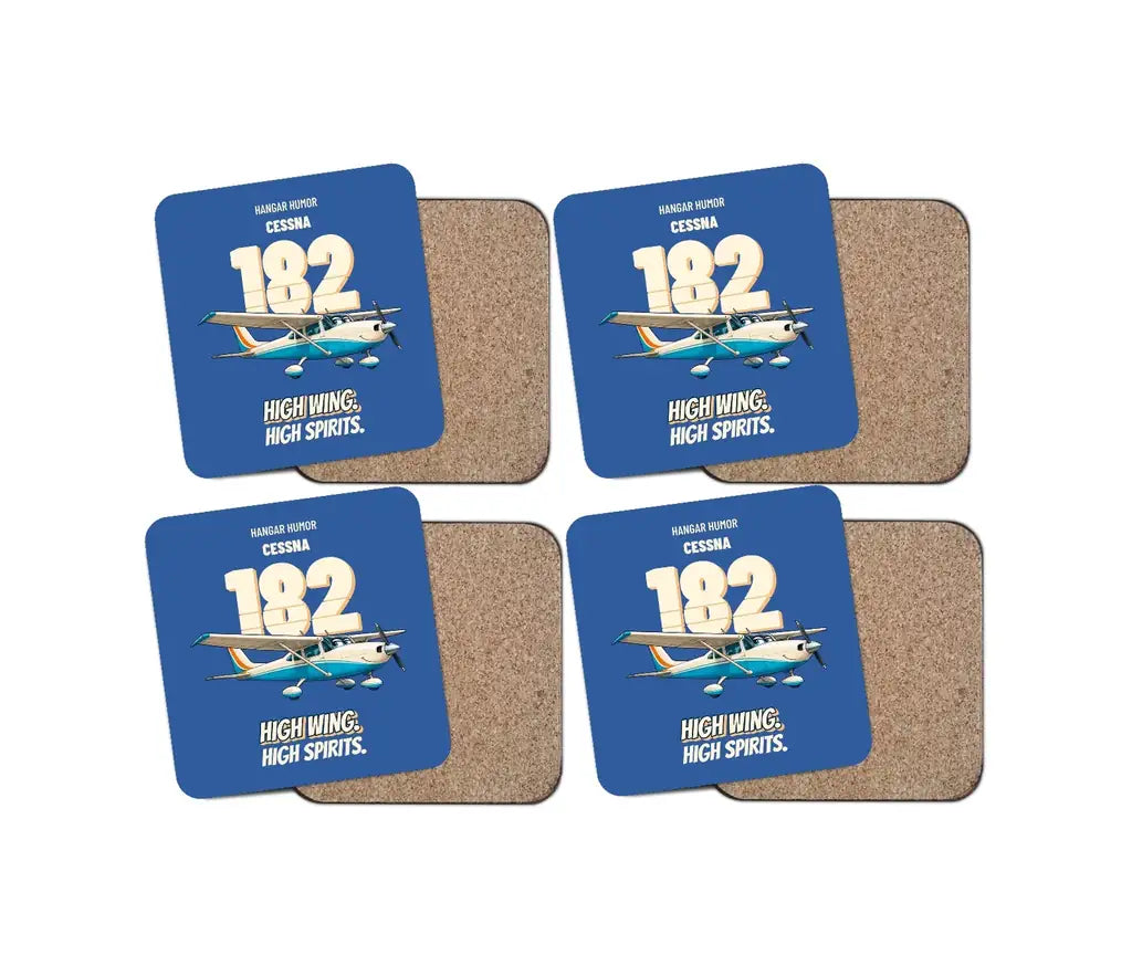 Cessna 182 Skylane - High wing. High spirits. design on blue 4 pieces set coaster