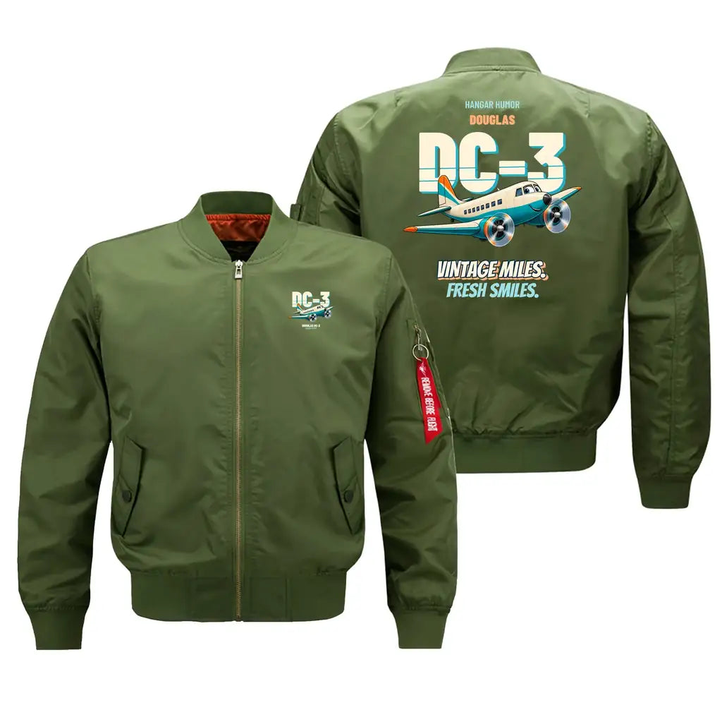 Douglas DC-3 - Vintage miles. Fresh smiles. design on green bomber jacket