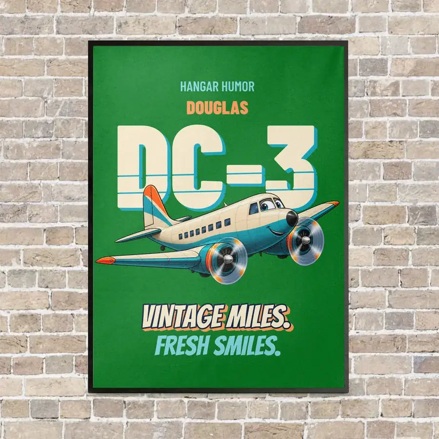 Douglas DC-3 - Vintage miles. Fresh smiles. vertical canvas print - framed - green background