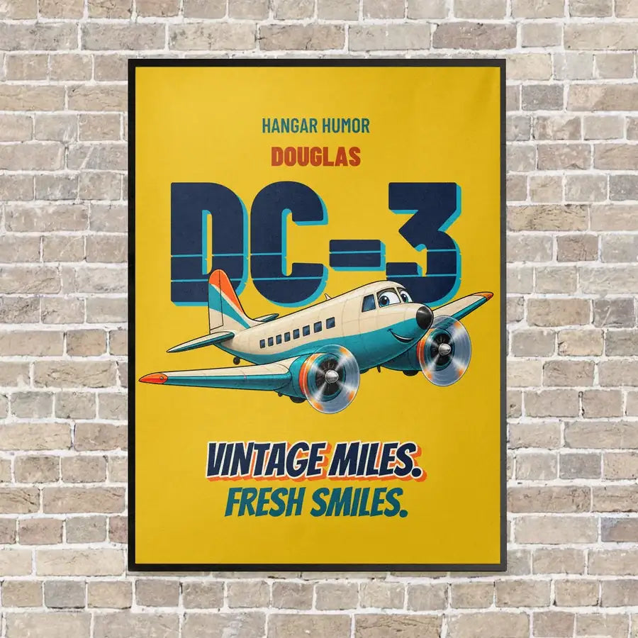 Douglas DC-3 - Vintage miles. Fresh smiles. vertical canvas print - framed - yellow background