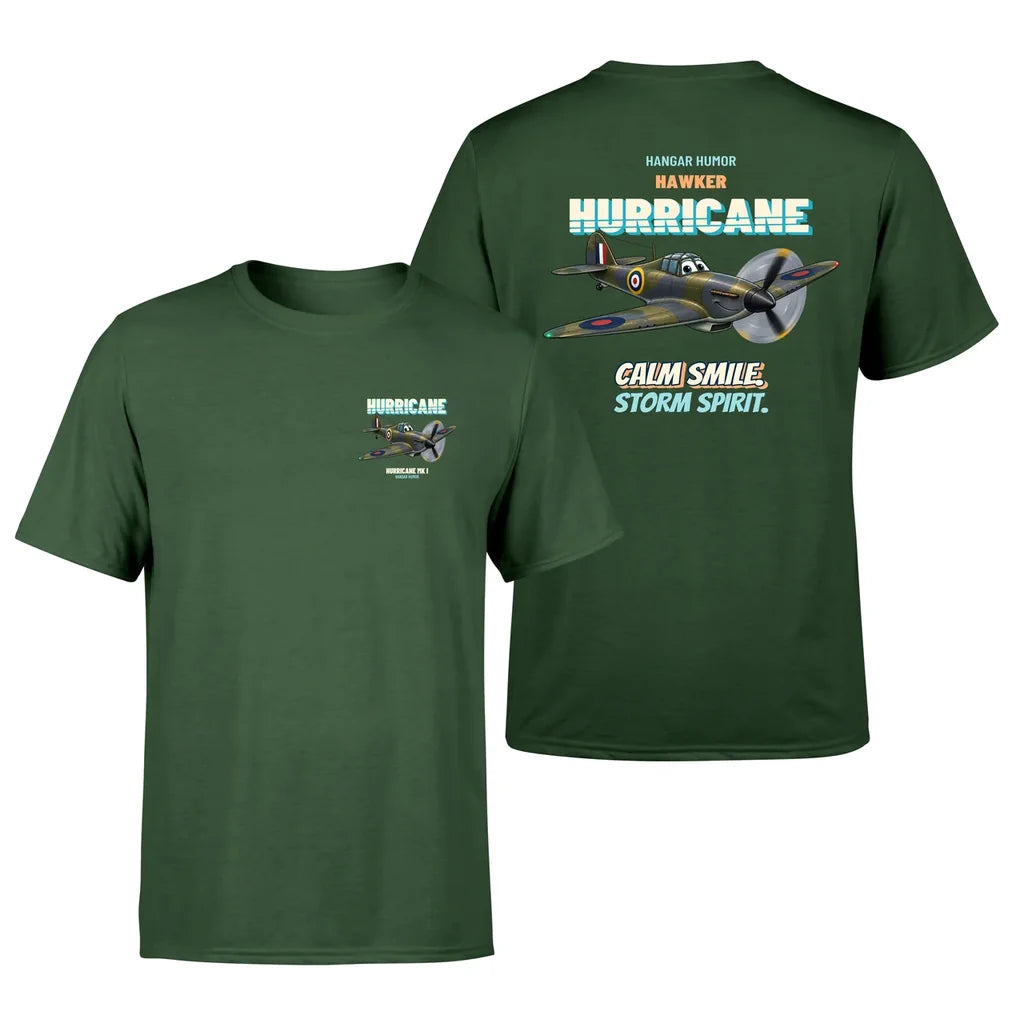 Hawker Hurricane Mk I - Calm smile. Storm spirit. - Double-Side T-Shirt design on darkgreen double side t shirt