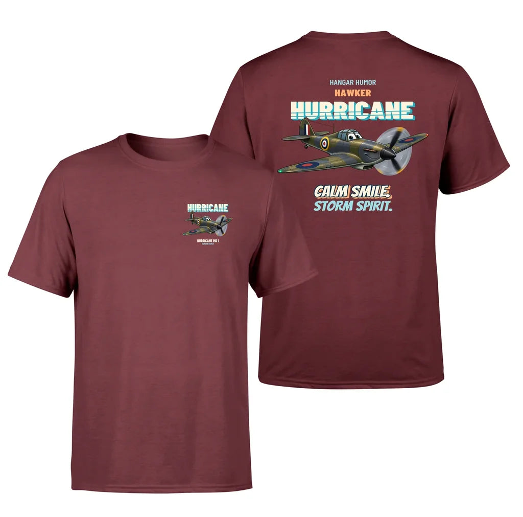 Hawker Hurricane Mk I - Calm smile. Storm spirit. - Double-Side T-Shirt design on darkred double side t shirt