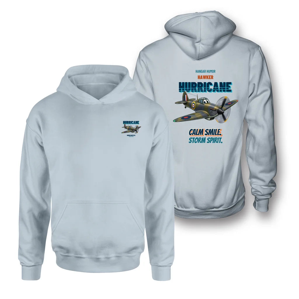 Hawker Hurricane Mk I - Calm smile. Storm spirit. - Double-Side Hoodie design on light blue double side hoodie