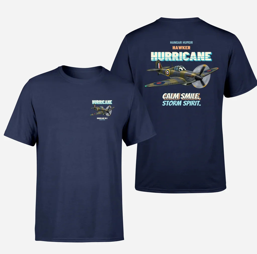 Hawker Hurricane Mk I - Calm smile. Storm spirit. - Double-Side T-Shirt design on navyblue double side t shirt