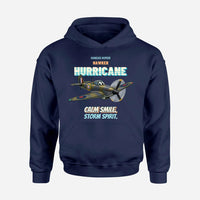 Thumbnail for Hawker Hurricane Mk I - Calm smile. Storm spirit. design on navy blue hoodie single side