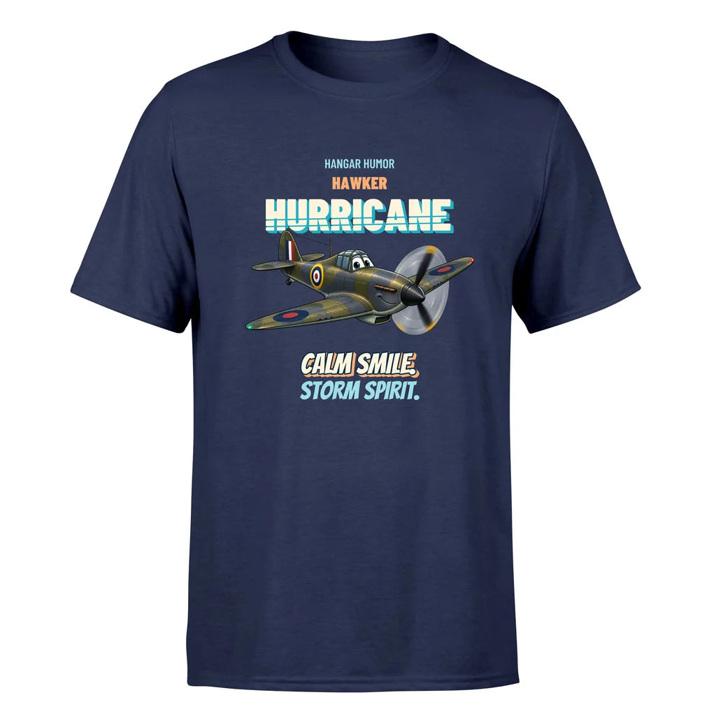 Hawker Hurricane Mk I - Calm smile. Storm spirit. - Premium T-Shirt design on navyblue premium t shirt