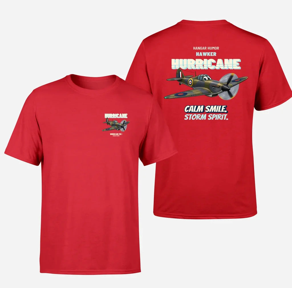 Hawker Hurricane Mk I - Calm smile. Storm spirit. - Double-Side T-Shirt design on red double side t shirt