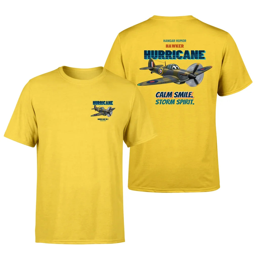 Hawker Hurricane Mk I - Calm smile. Storm spirit. - Double-Side T-Shirt design on yellow double side t shirt