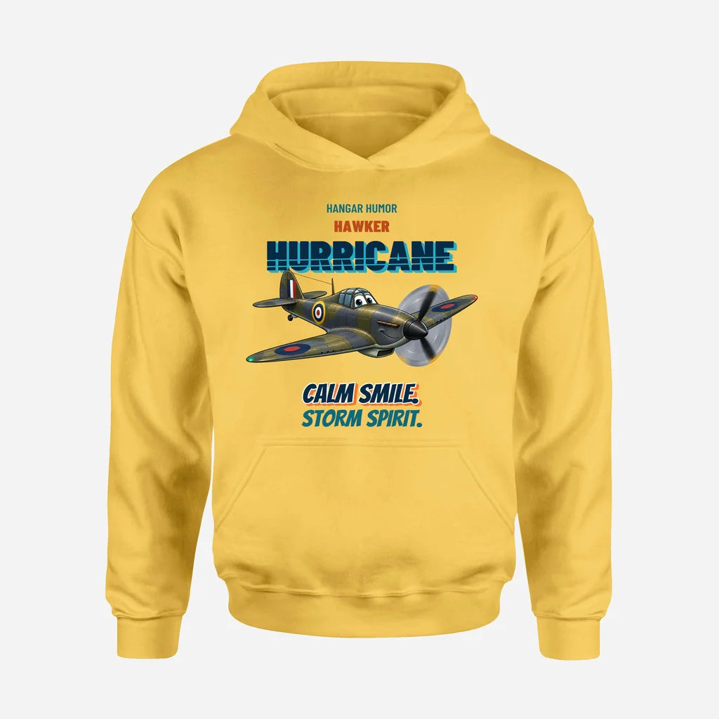 Hawker Hurricane Mk I - Calm smile. Storm spirit. design on yellow hoodie single side