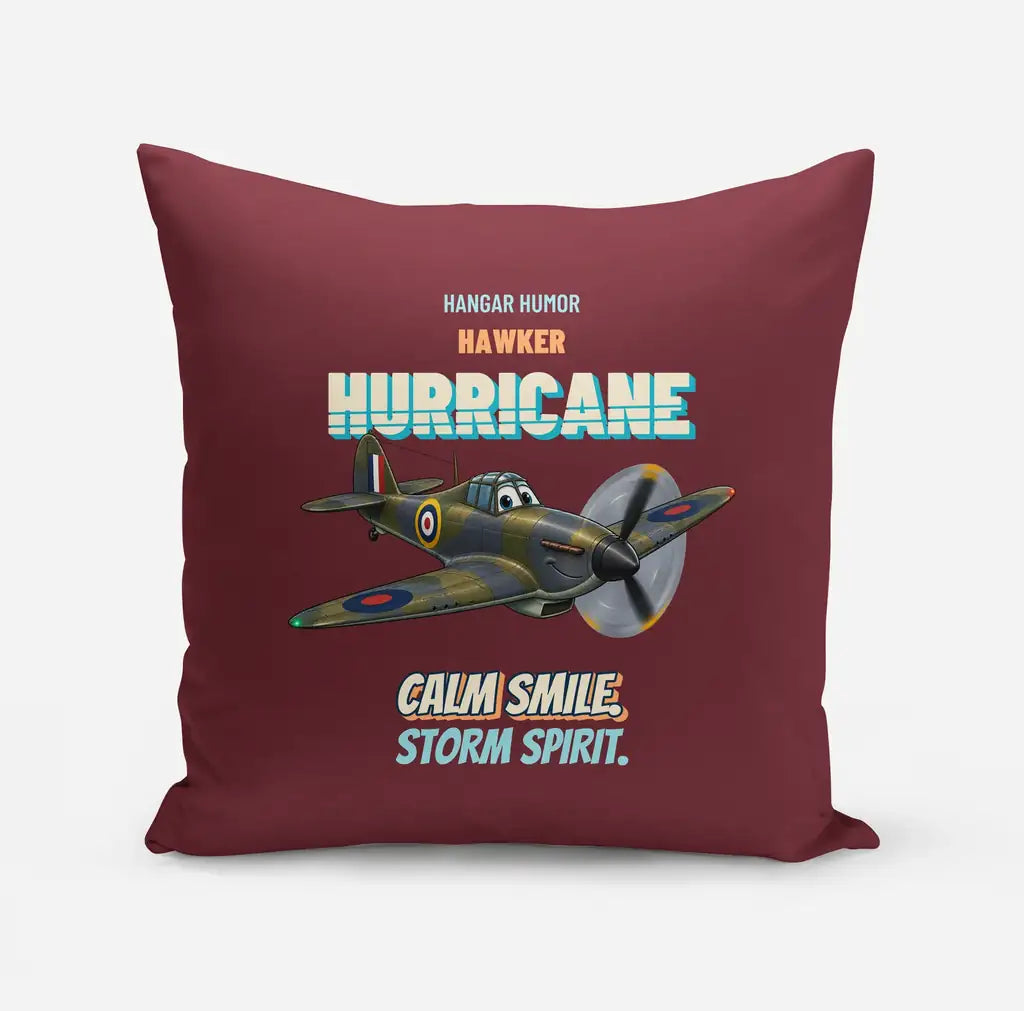 Hawker Hurricane Mk I - Calm smile. Storm spirit. design on dark red pillow