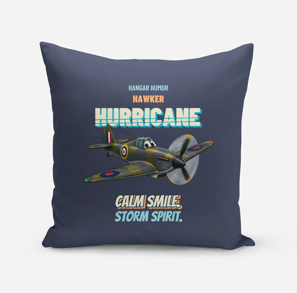 Hawker Hurricane Mk I - Calm smile. Storm spirit. design on navy blue pillow