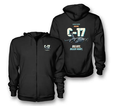 Boeing C-17A Globemaster III - Big lift. Bigger heart. design on black zipped hoodie