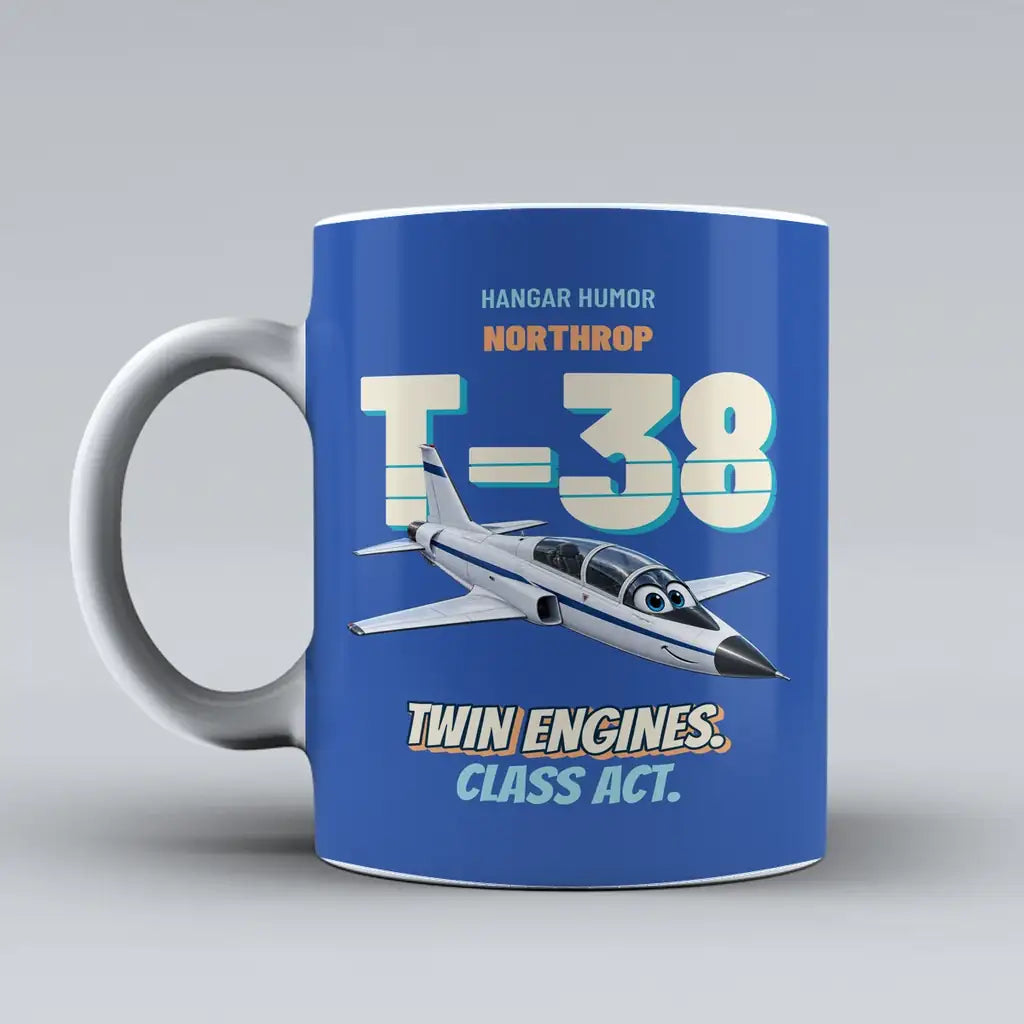 Northrop T-38C Talon - Twin engines. Class act. design on blue ceramic mug