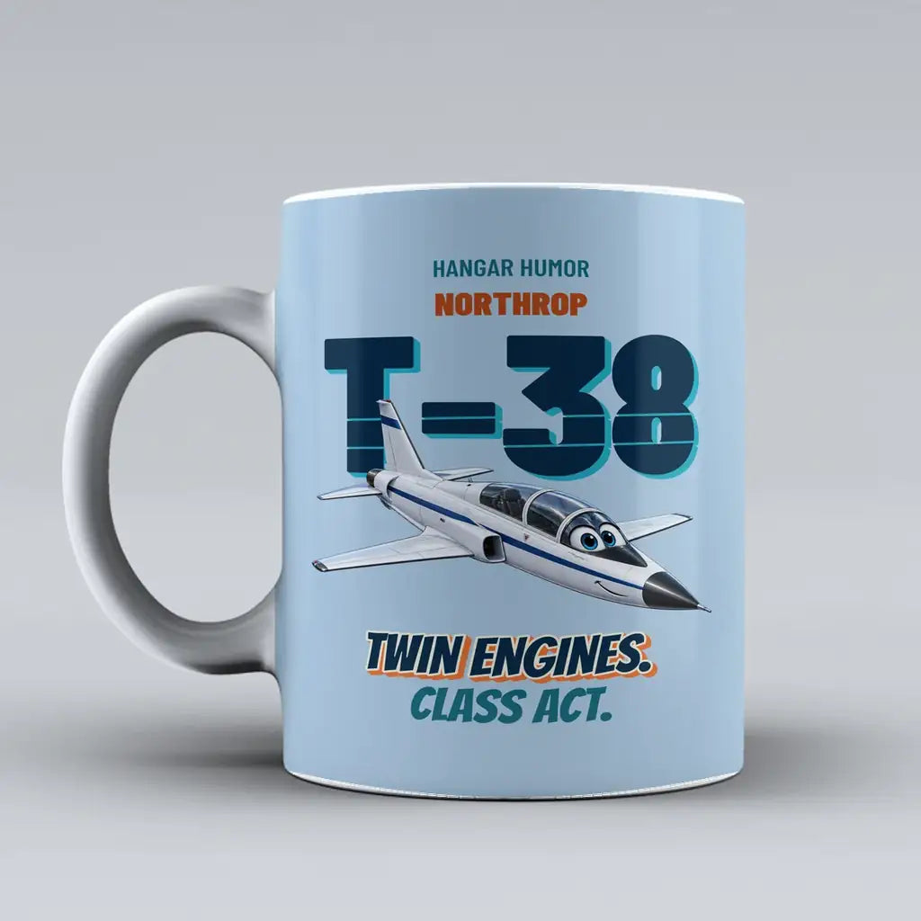 Northrop T-38C Talon - Twin engines. Class act. design on light blue ceramic mug