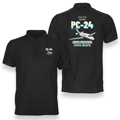 Pilatus PC-24 - Swiss precision. Playful mission. design on black polo t-shirt