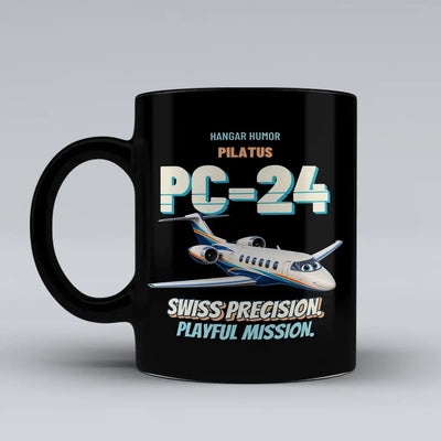 Pilatus PC-24 - Swiss precision. Playful mission. design on black ceramic mug