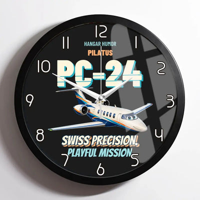 Pilatus PC-24 - Swiss precision. Playful mission. design on black framed wall clock