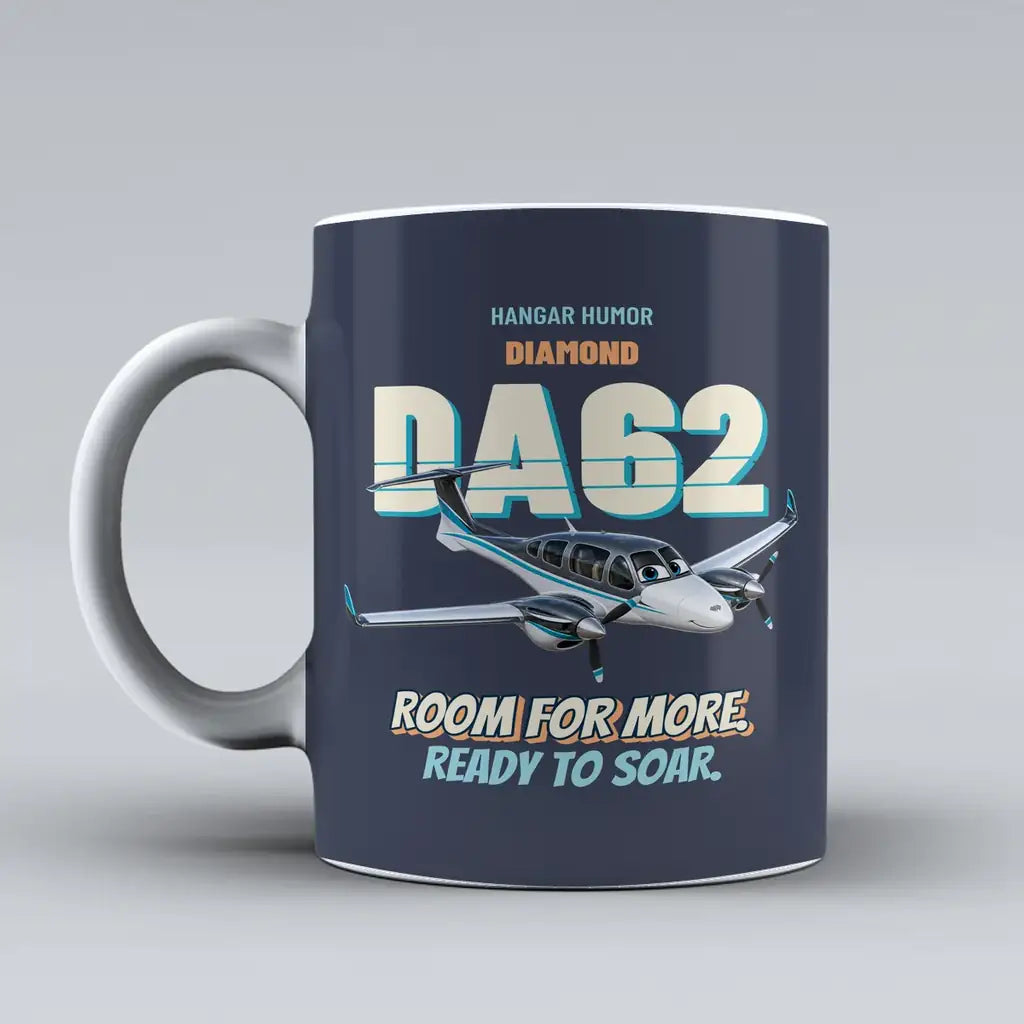 Diamond DA62 - Room for more. Ready to soar. design on dark blue ceramic mug