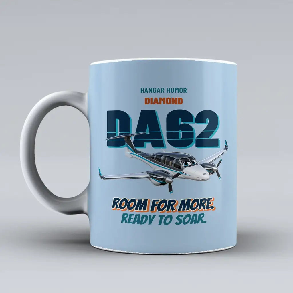 Diamond DA62 - Room for more. Ready to soar. design on light blue ceramic mug