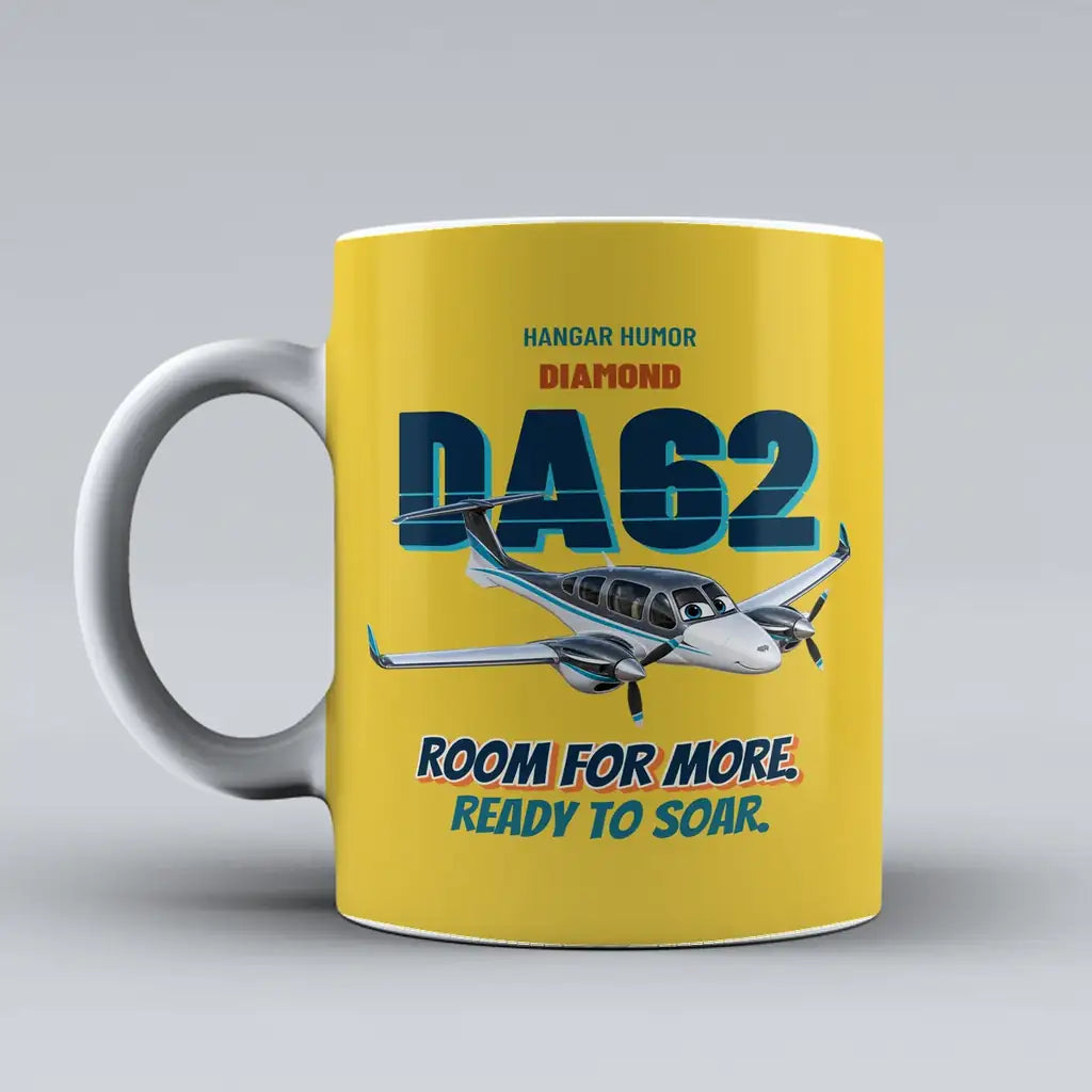 Diamond DA62 - Room for more. Ready to soar. design on yellow ceramic mug