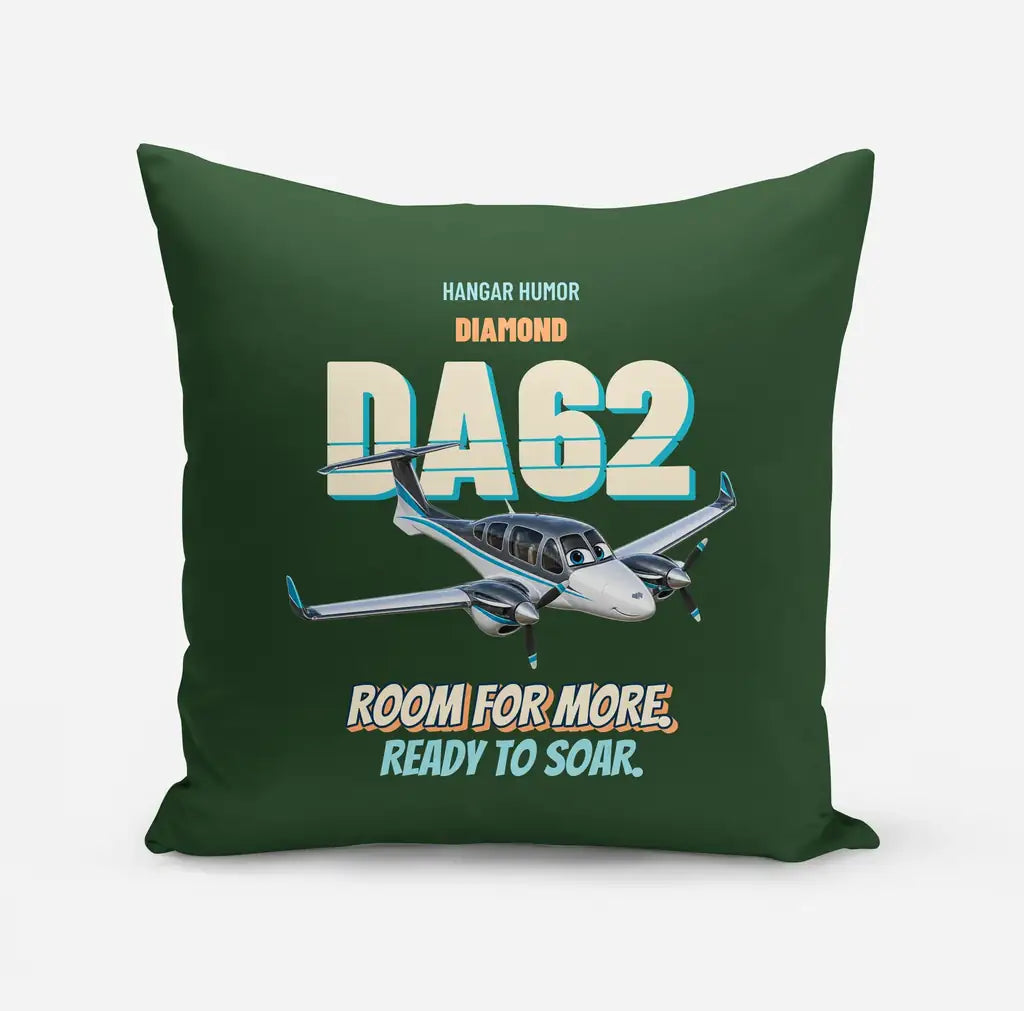 Diamond DA62 - Room for more. Ready to soar. design on dark green pillow
