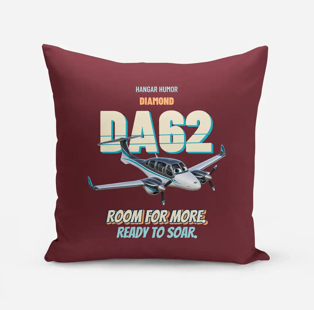 Diamond DA62 - Room for more. Ready to soar. design on dark red pillow
