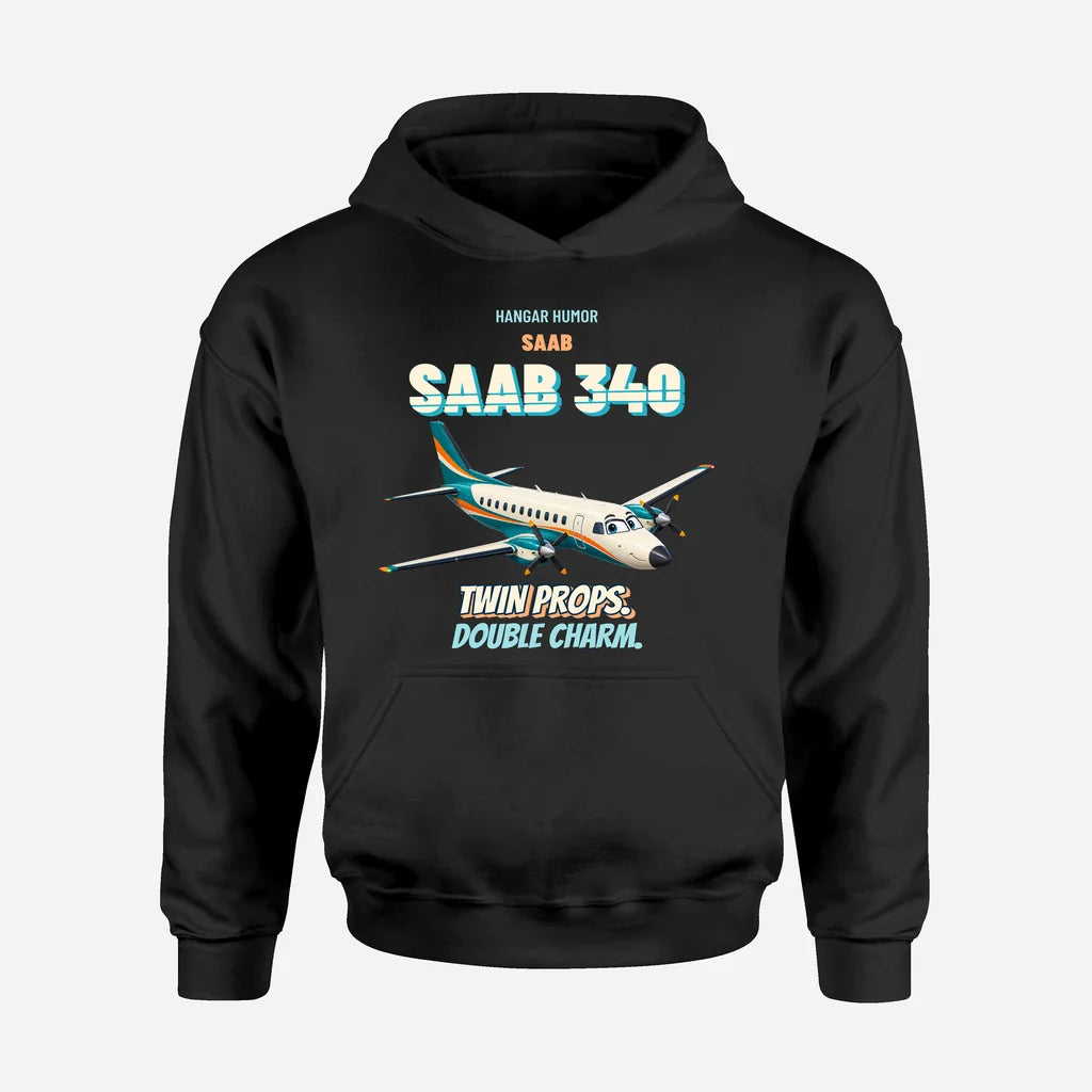 Saab 340B - Twin props. Double charm. design on black hoodie single side