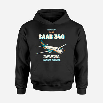 Saab 340B - Twin props. Double charm. design on black hoodie single side