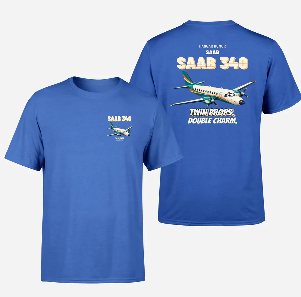 Saab 340B - Twin props. Double charm. - Double-Side T-Shirt design on blue double side t shirt